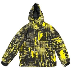 686 Boys L Snowboard Jacket Yellow Black Abstract Graphic Print Hooded Ski Coat